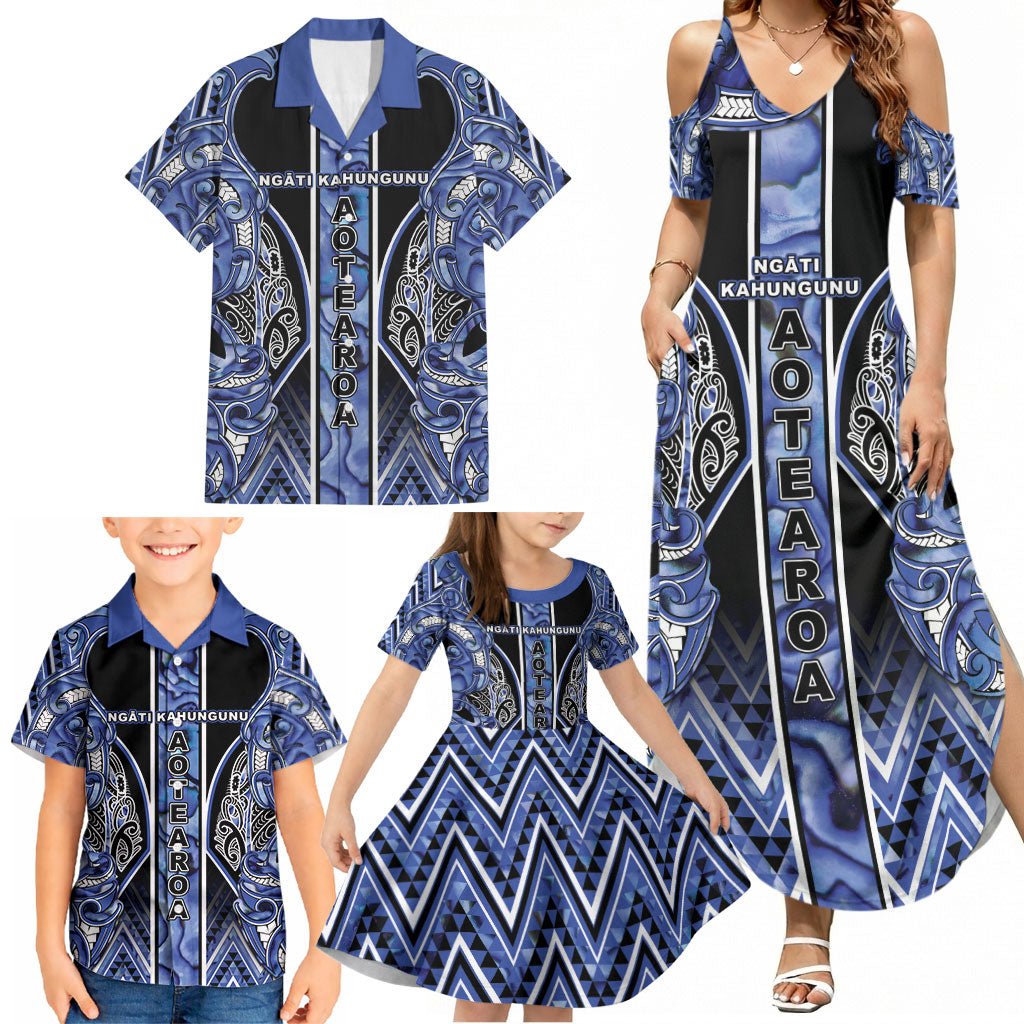 Aotearoa Ngati Kahungunu Family Matching Summer Maxi Dress and Hawaiian Shirt Maori Tribal Blue Paua Shell Pattern