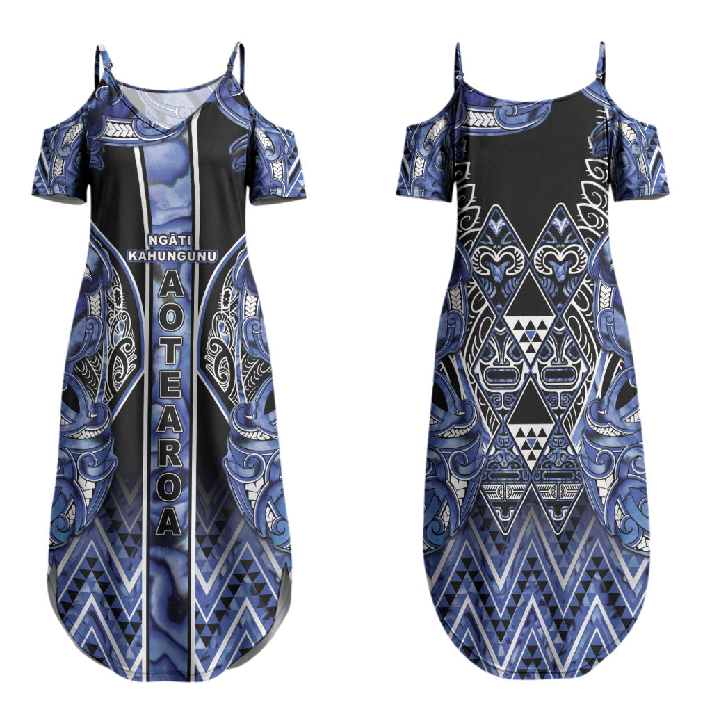 Aotearoa Ngati Kahungunu Family Matching Summer Maxi Dress and Hawaiian Shirt Maori Tribal Blue Paua Shell Pattern