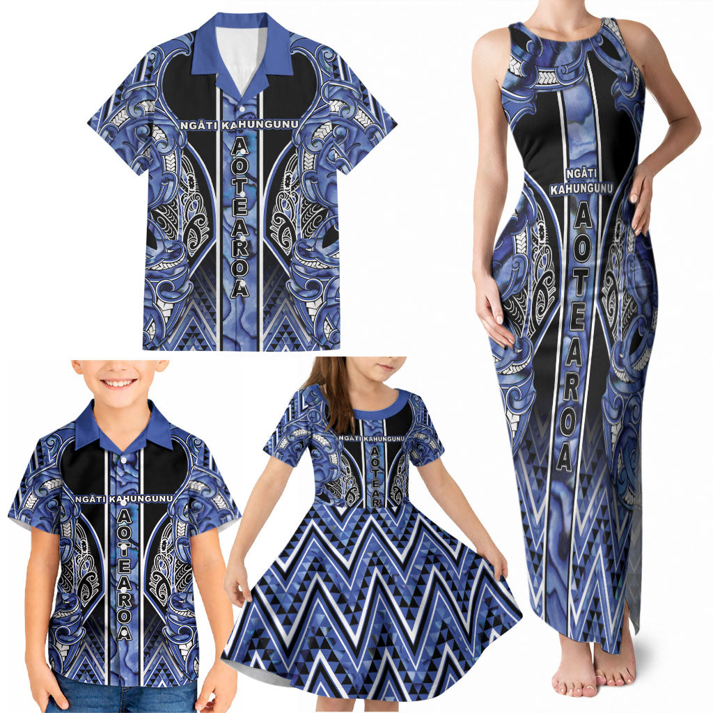 Aotearoa Ngati Kahungunu Family Matching Tank Maxi Dress and Hawaiian Shirt Maori Tribal Blue Paua Shell Pattern DT05 - Polynesian Pride