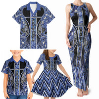 Aotearoa Ngati Kahungunu Family Matching Tank Maxi Dress and Hawaiian Shirt Maori Tribal Blue Paua Shell Pattern