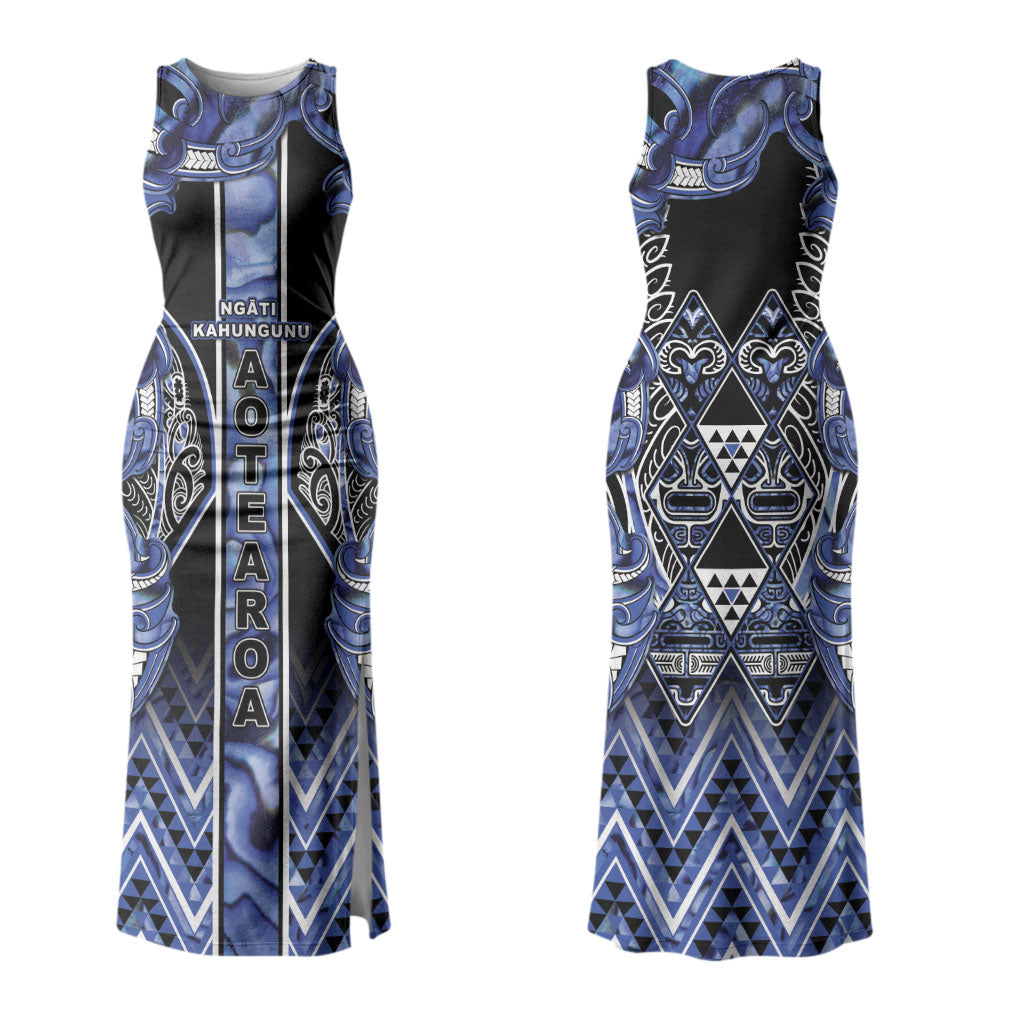 Aotearoa Ngati Kahungunu Family Matching Tank Maxi Dress and Hawaiian Shirt Maori Tribal Blue Paua Shell Pattern