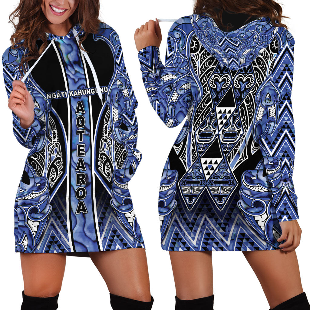 Aotearoa Ngati Kahungunu Hoodie Dress Maori Tribal Blue Paua Shell Pattern