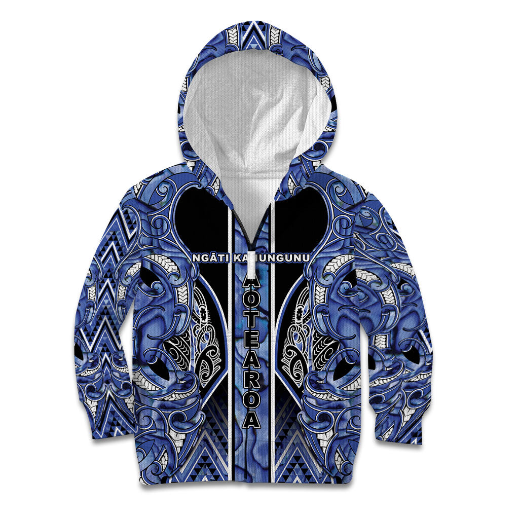 Aotearoa Ngati Kahungunu Kid Hoodie Maori Tribal Blue Paua Shell Pattern