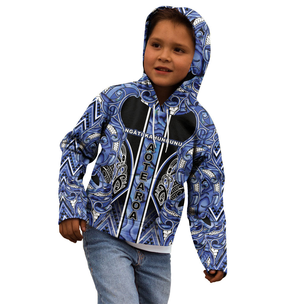 Aotearoa Ngati Kahungunu Kid Hoodie Maori Tribal Blue Paua Shell Pattern