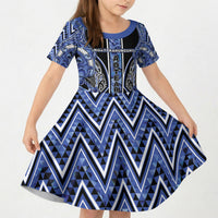 Aotearoa Ngati Kahungunu Kid Short Sleeve Dress Maori Tribal Blue Paua Shell Pattern