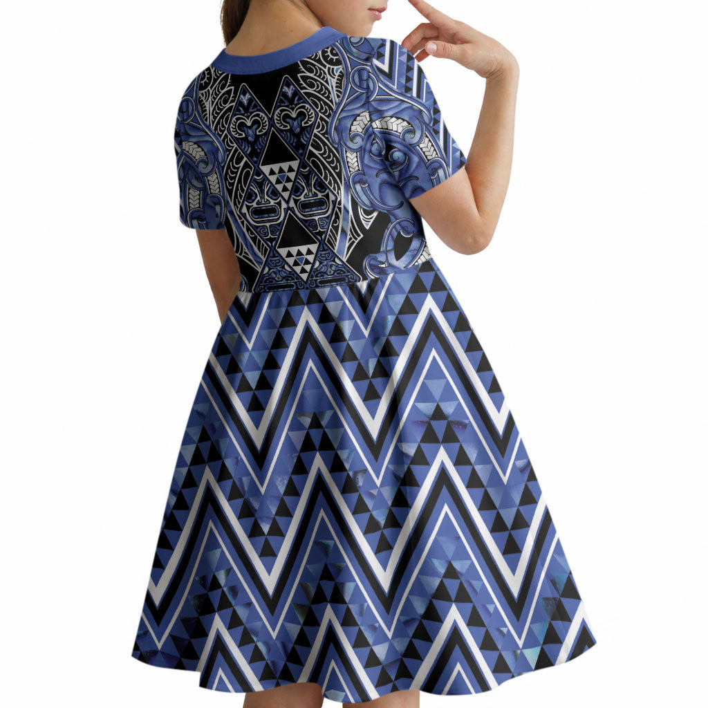 Aotearoa Ngati Kahungunu Kid Short Sleeve Dress Maori Tribal Blue Paua Shell Pattern