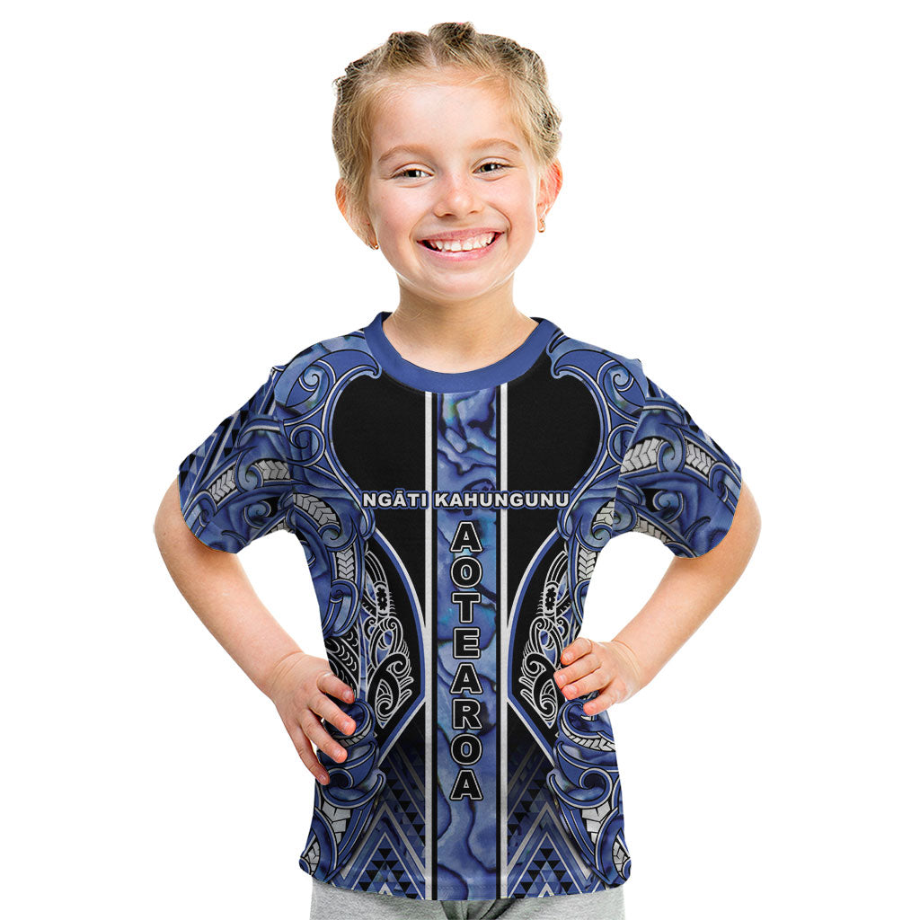 Aotearoa Ngati Kahungunu Kid T Shirt Maori Tribal Blue Paua Shell Pattern