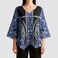 Aotearoa Ngati Kahungunu Kimono Sleeve Blouse Maori Tribal Blue Paua Shell Pattern