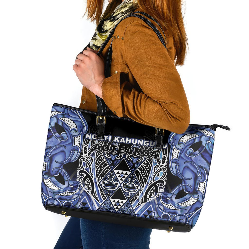 Aotearoa Ngati Kahungunu Leather Tote Bag Maori Tribal Blue Paua Shell Pattern DT05 Blue - Polynesian Pride