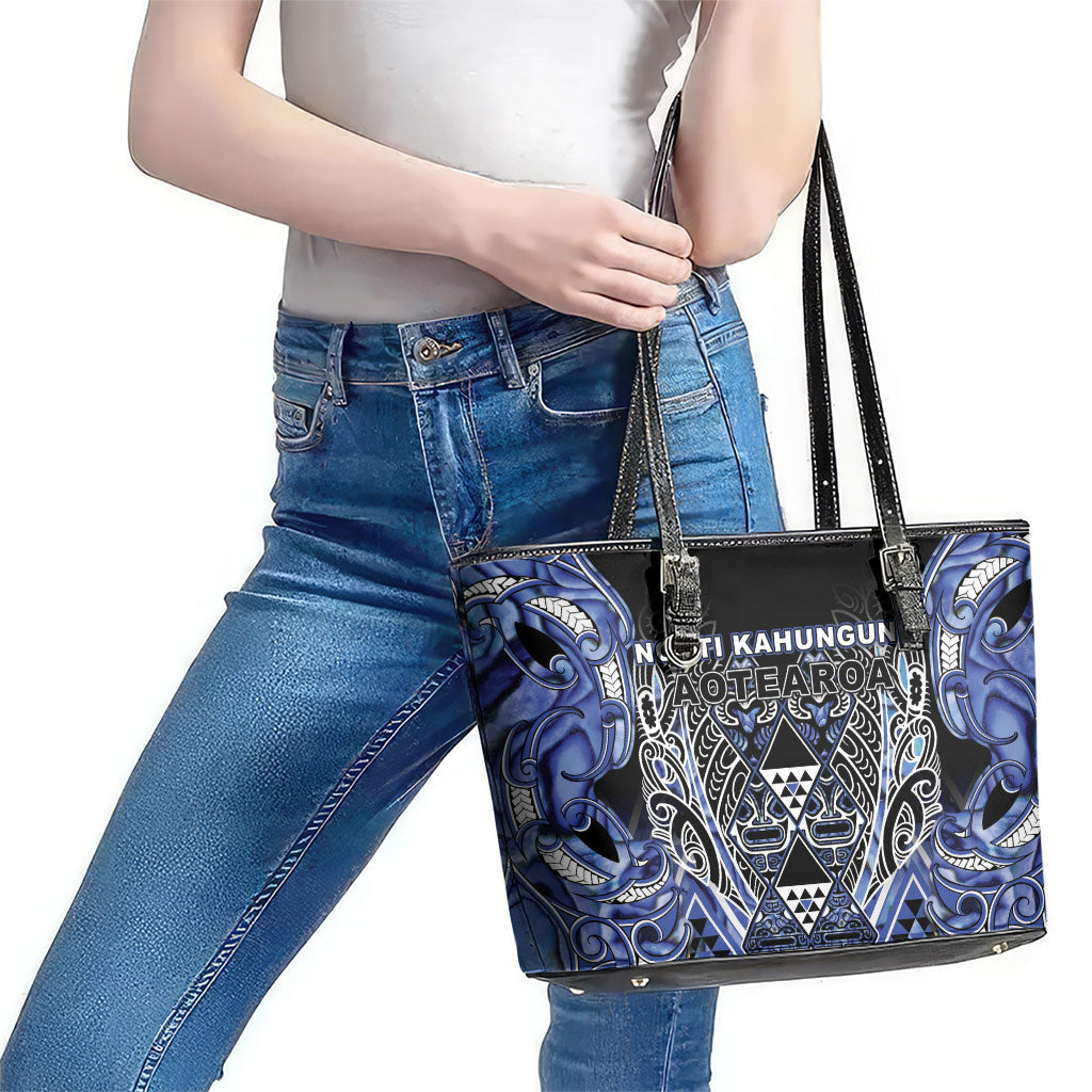 Aotearoa Ngati Kahungunu Leather Tote Bag Maori Tribal Blue Paua Shell Pattern