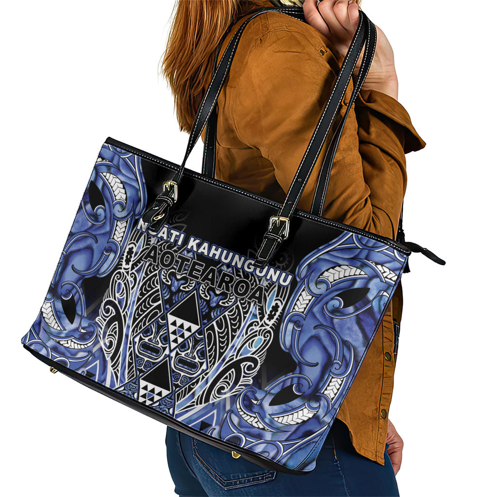 Aotearoa Ngati Kahungunu Leather Tote Bag Maori Tribal Blue Paua Shell Pattern