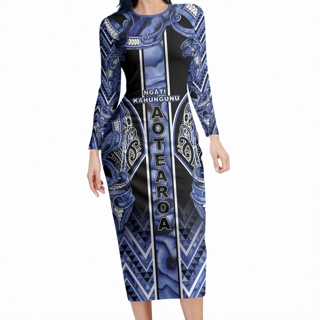 Aotearoa Ngati Kahungunu Long Sleeve Bodycon Dress Maori Tribal Blue Paua Shell Pattern