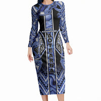 Aotearoa Ngati Kahungunu Long Sleeve Bodycon Dress Maori Tribal Blue Paua Shell Pattern