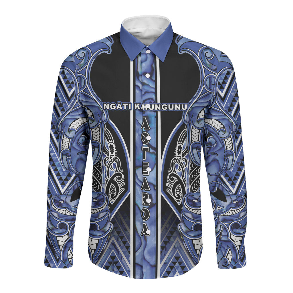 Aotearoa Ngati Kahungunu Long Sleeve Button Shirt Maori Tribal Blue Paua Shell Pattern DT05 Unisex Blue - Polynesian Pride