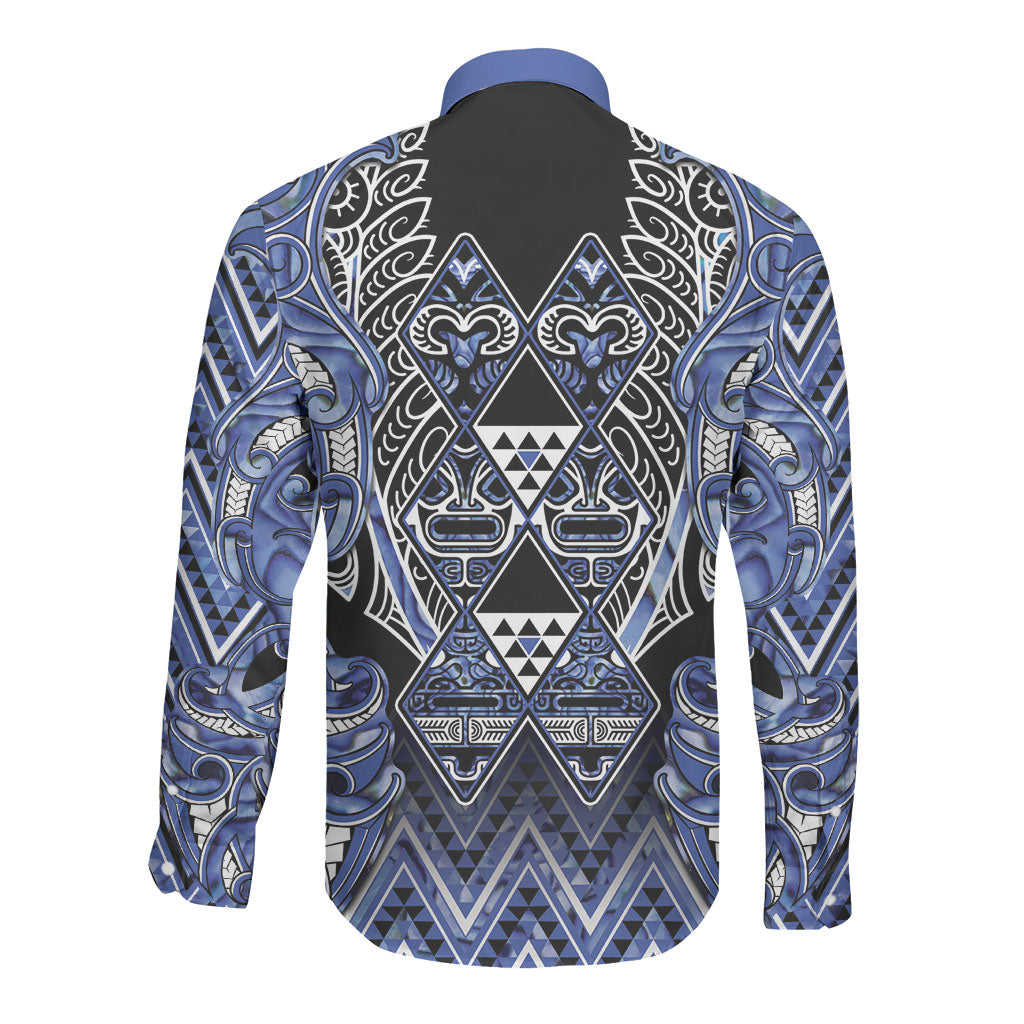 Aotearoa Ngati Kahungunu Long Sleeve Button Shirt Maori Tribal Blue Paua Shell Pattern