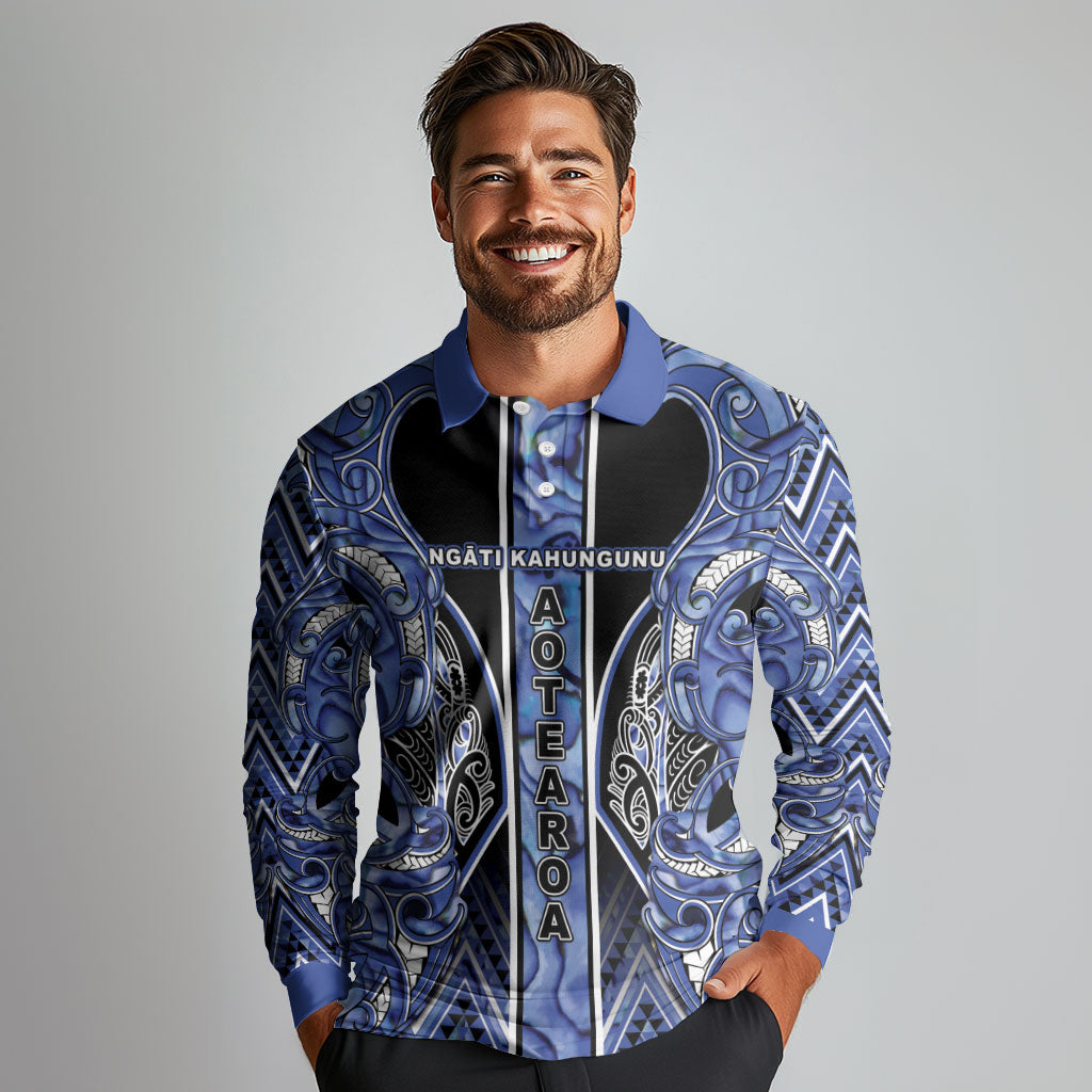 Aotearoa Ngati Kahungunu Long Sleeve Polo Shirt Maori Tribal Blue Paua Shell Pattern