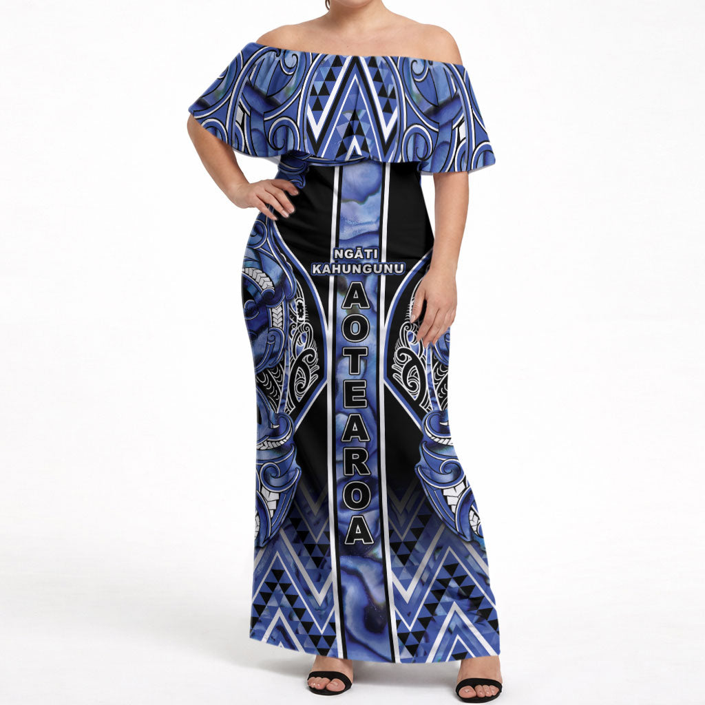 Aotearoa Ngati Kahungunu Off Shoulder Maxi Dress Maori Tribal Blue Paua Shell Pattern DT05 Women Blue - Polynesian Pride