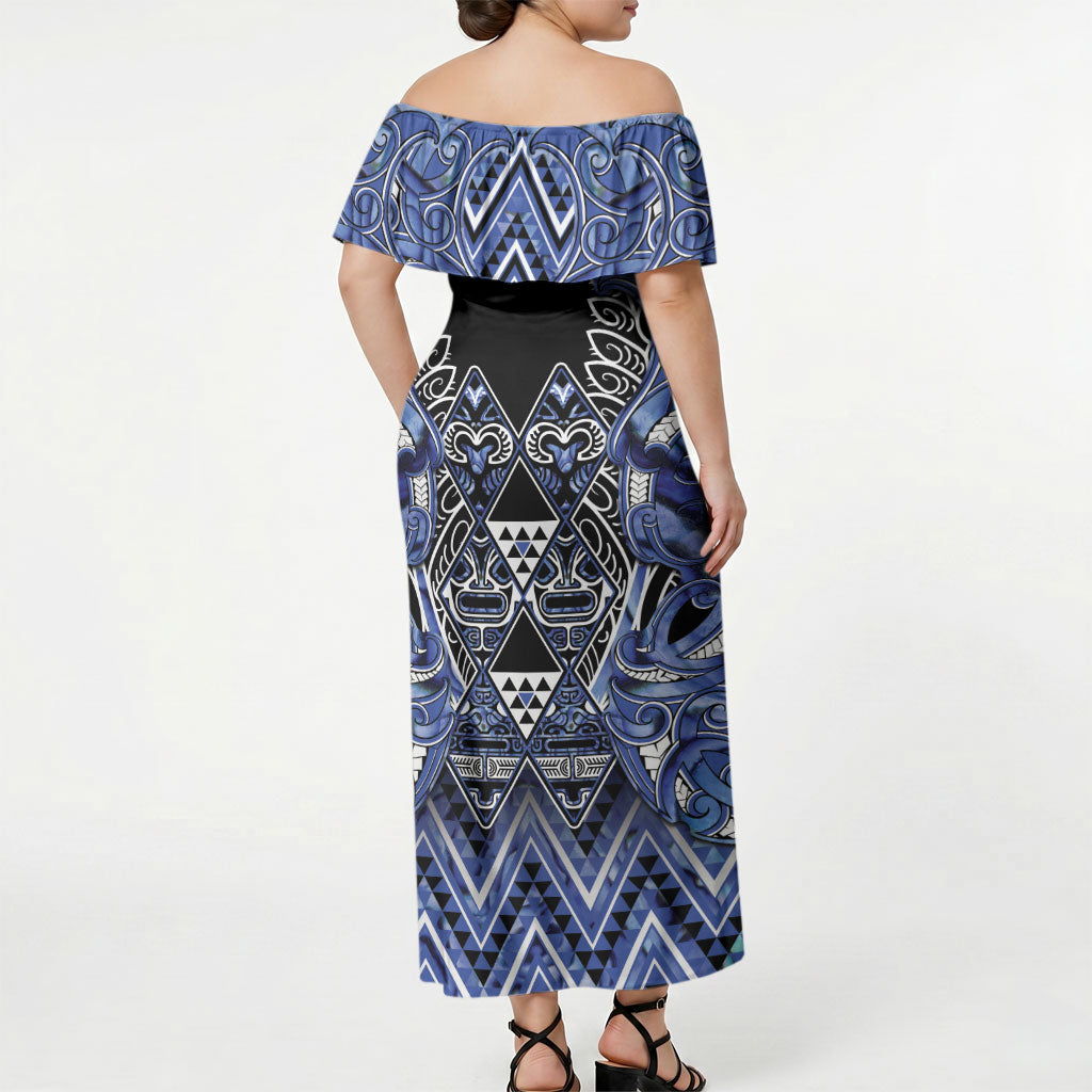 Aotearoa Ngati Kahungunu Off Shoulder Maxi Dress Maori Tribal Blue Paua Shell Pattern