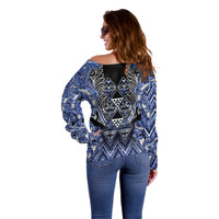 Aotearoa Ngati Kahungunu Off Shoulder Sweater Maori Tribal Blue Paua Shell Pattern