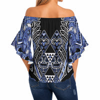 Aotearoa Ngati Kahungunu Off Shoulder Wrap Waist Top Maori Tribal Blue Paua Shell Pattern