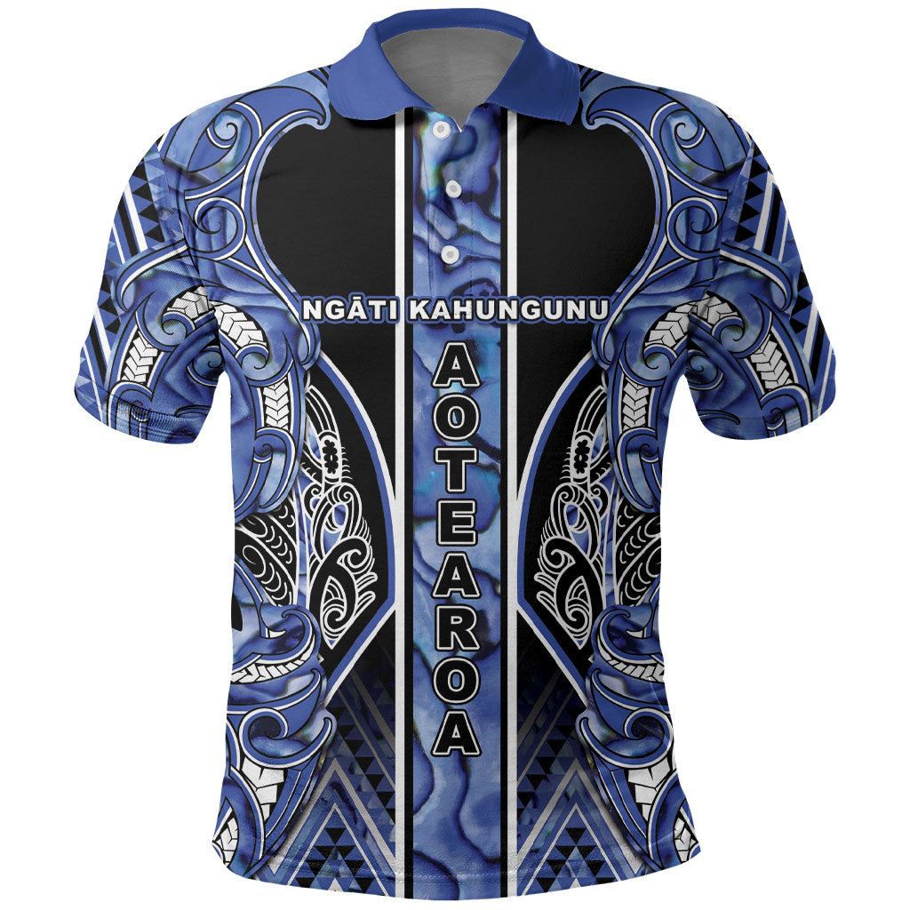 Aotearoa Ngati Kahungunu Polo Shirt Maori Tribal Blue Paua Shell Pattern
