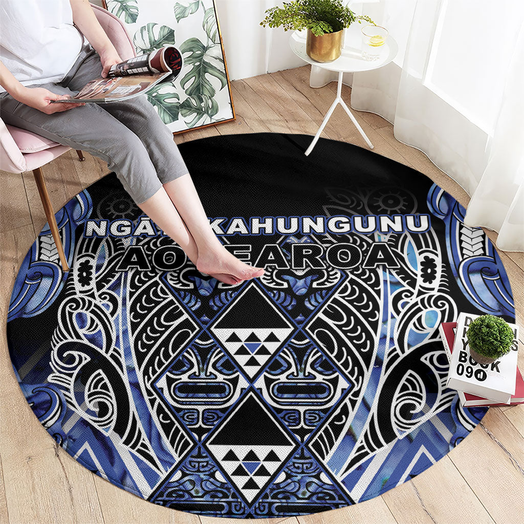 Aotearoa Ngati Kahungunu Round Carpet Maori Tribal Blue Paua Shell Pattern