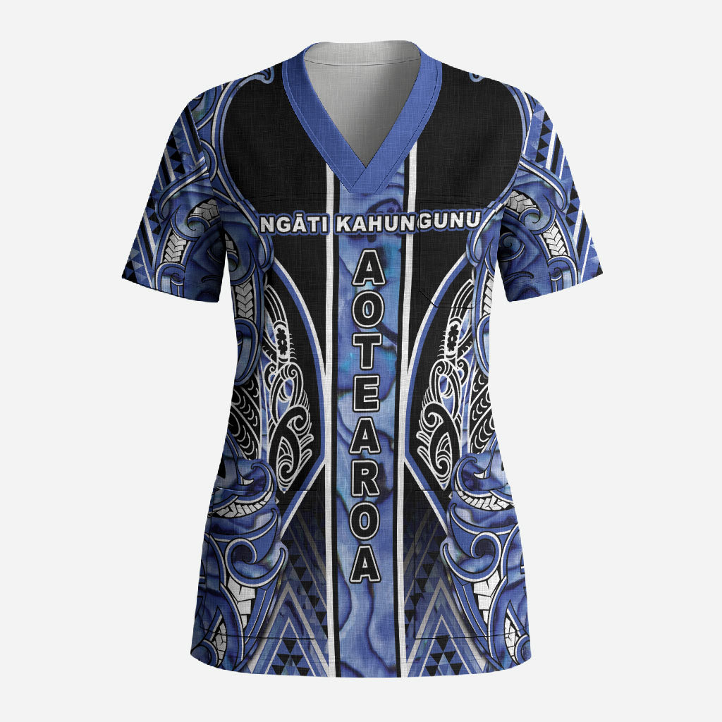 Aotearoa Ngati Kahungunu Scrub Top Maori Tribal Blue Paua Shell Pattern DT05 Adult Blue - Polynesian Pride