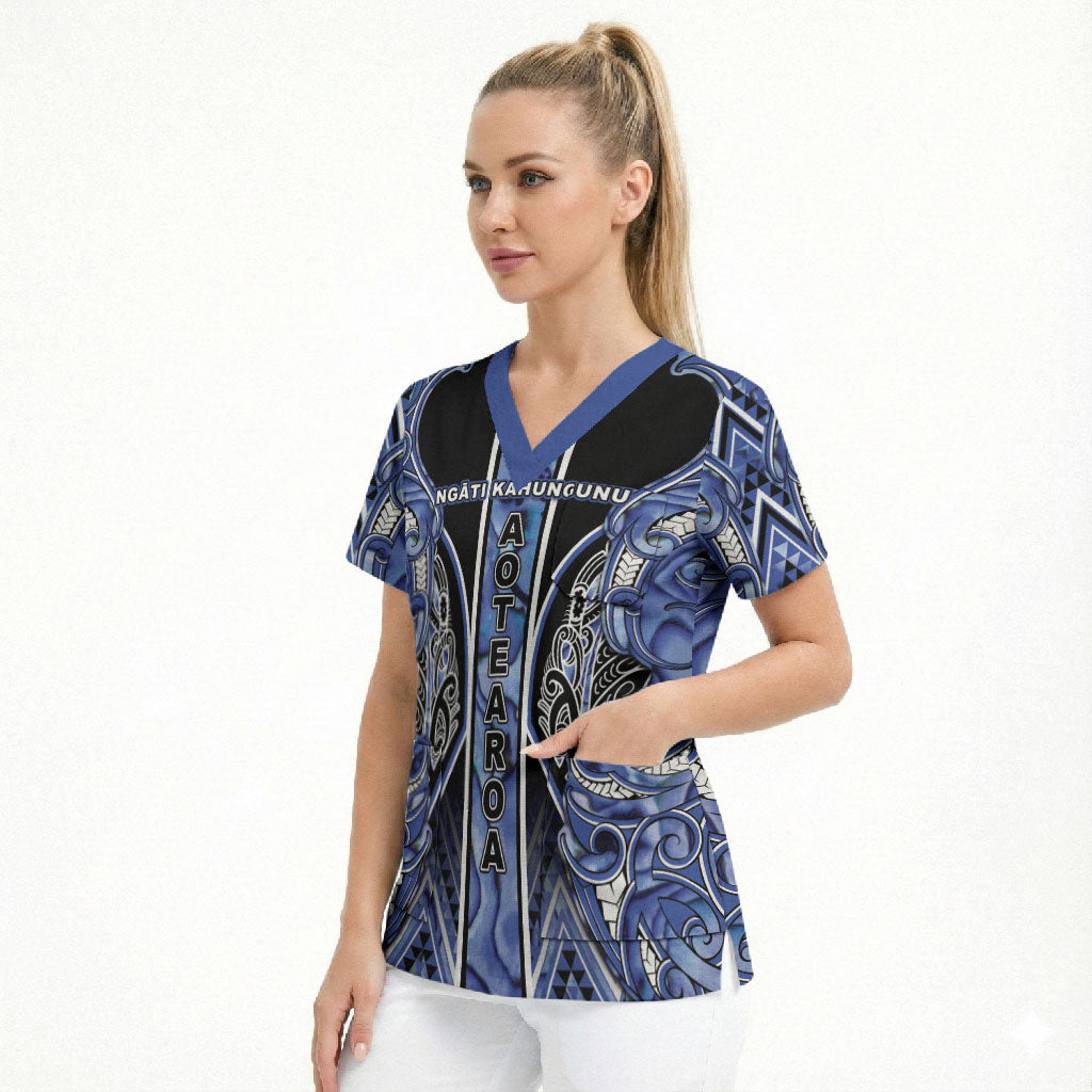 Aotearoa Ngati Kahungunu Scrub Top Maori Tribal Blue Paua Shell Pattern