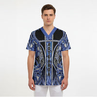 Aotearoa Ngati Kahungunu Scrub Top Maori Tribal Blue Paua Shell Pattern
