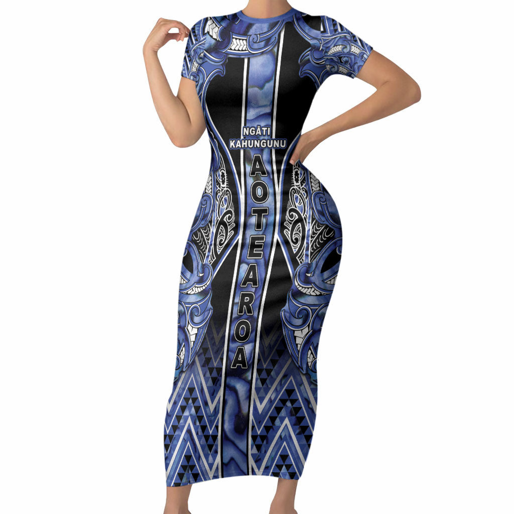 Aotearoa Ngati Kahungunu Short Sleeve Bodycon Dress Maori Tribal Blue Paua Shell Pattern