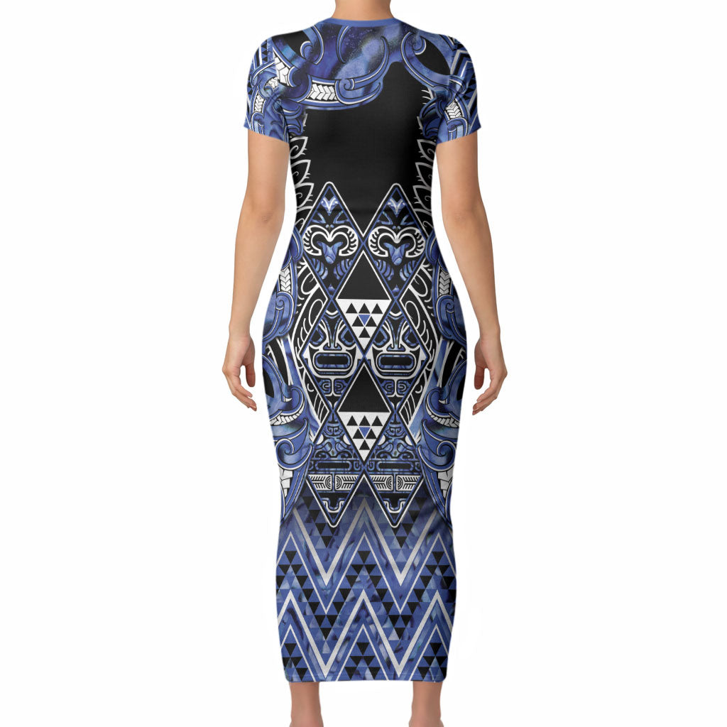 Aotearoa Ngati Kahungunu Short Sleeve Bodycon Dress Maori Tribal Blue Paua Shell Pattern