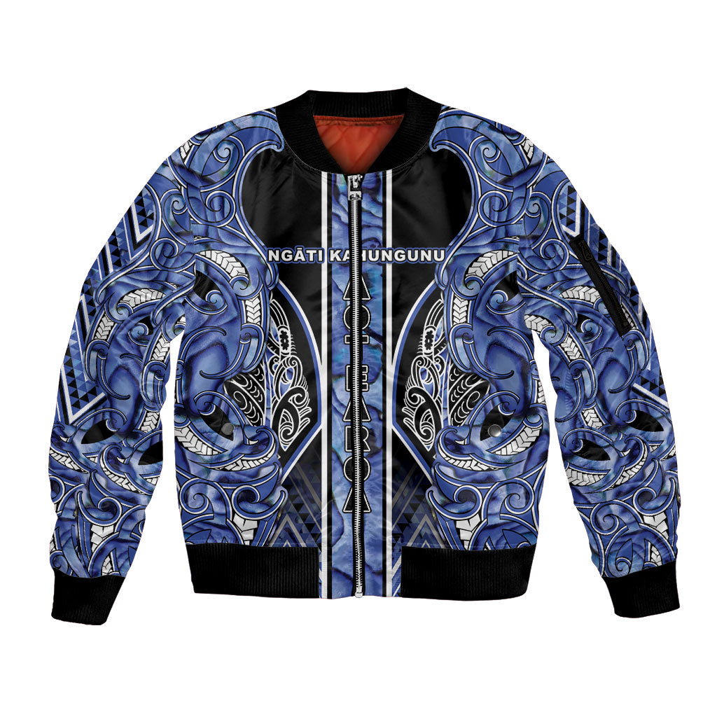 Aotearoa Ngati Kahungunu Sleeve Zip Bomber Jacket Maori Tribal Blue Paua Shell Pattern
