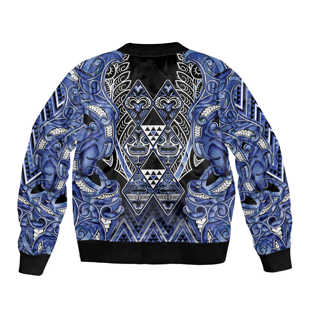 Aotearoa Ngati Kahungunu Sleeve Zip Bomber Jacket Maori Tribal Blue Paua Shell Pattern