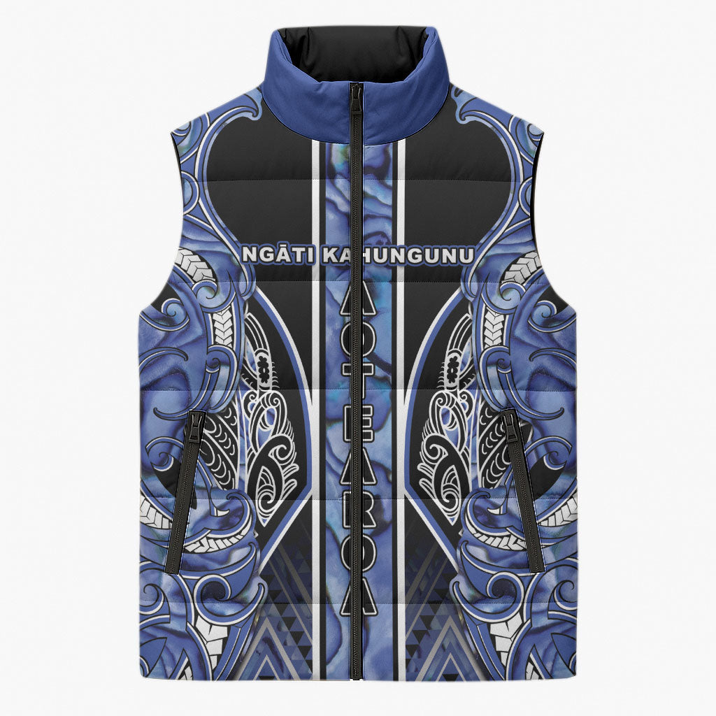 Aotearoa Ngati Kahungunu Sleeveless Puffer Jacket Maori Tribal Blue Paua Shell Pattern