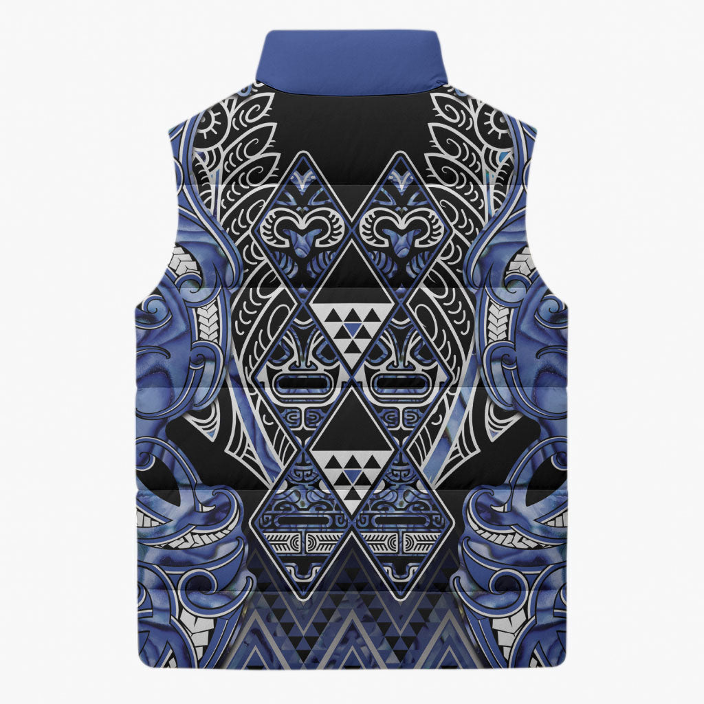 Aotearoa Ngati Kahungunu Sleeveless Puffer Jacket Maori Tribal Blue Paua Shell Pattern