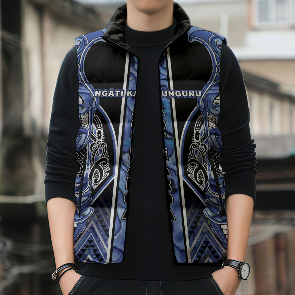 Aotearoa Ngati Kahungunu Sleeveless Puffer Jacket Maori Tribal Blue Paua Shell Pattern