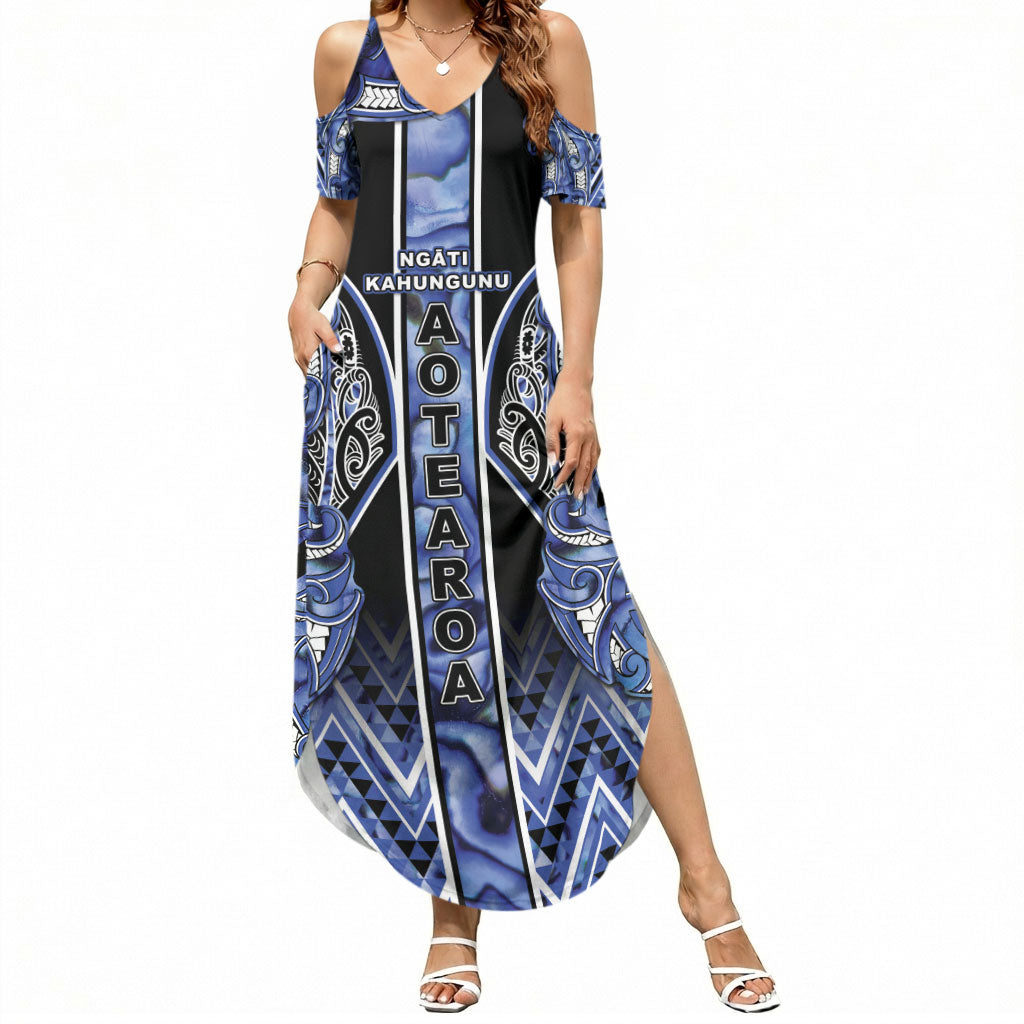 Aotearoa Ngati Kahungunu Summer Maxi Dress Maori Tribal Blue Paua Shell Pattern