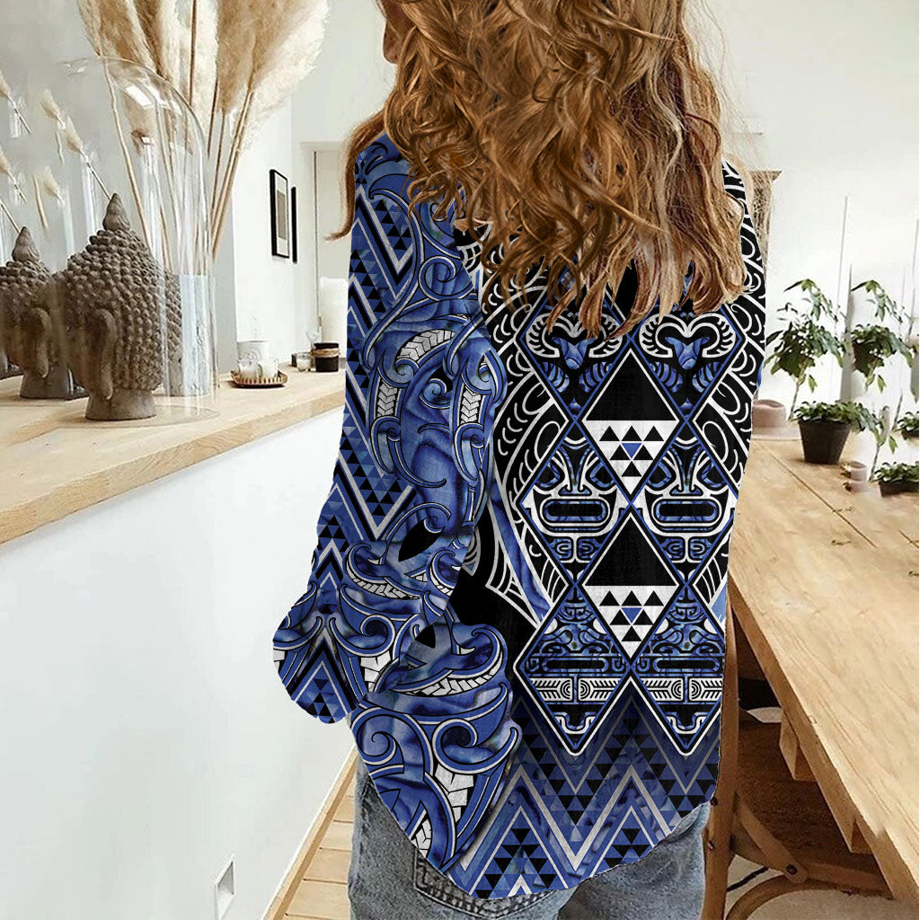 Aotearoa Ngati Kahungunu Women Casual Shirt Maori Tribal Blue Paua Shell Pattern