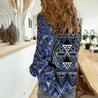 Aotearoa Ngati Kahungunu Women Casual Shirt Maori Tribal Blue Paua Shell Pattern