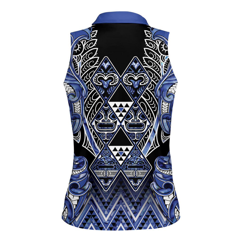 Aotearoa Ngati Kahungunu Women Sleeveless Polo Shirt Maori Tribal Blue Paua Shell Pattern