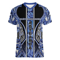 Aotearoa Ngati Kahungunu Women V-Neck T-Shirt Maori Tribal Blue Paua Shell Pattern