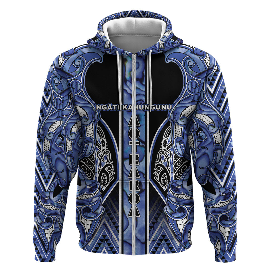 Aotearoa Ngati Kahungunu Zip Hoodie Maori Tribal Blue Paua Shell Pattern
