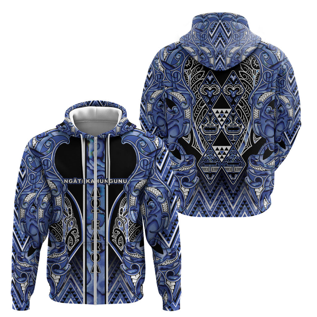 Aotearoa Ngati Kahungunu Zip Hoodie Maori Tribal Blue Paua Shell Pattern