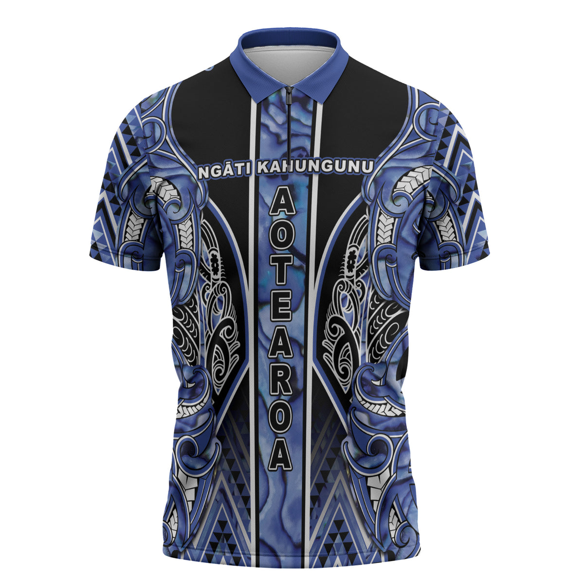 Aotearoa Ngati Kahungunu Zipper Polo Shirt Maori Tribal Blue Paua Shell Pattern