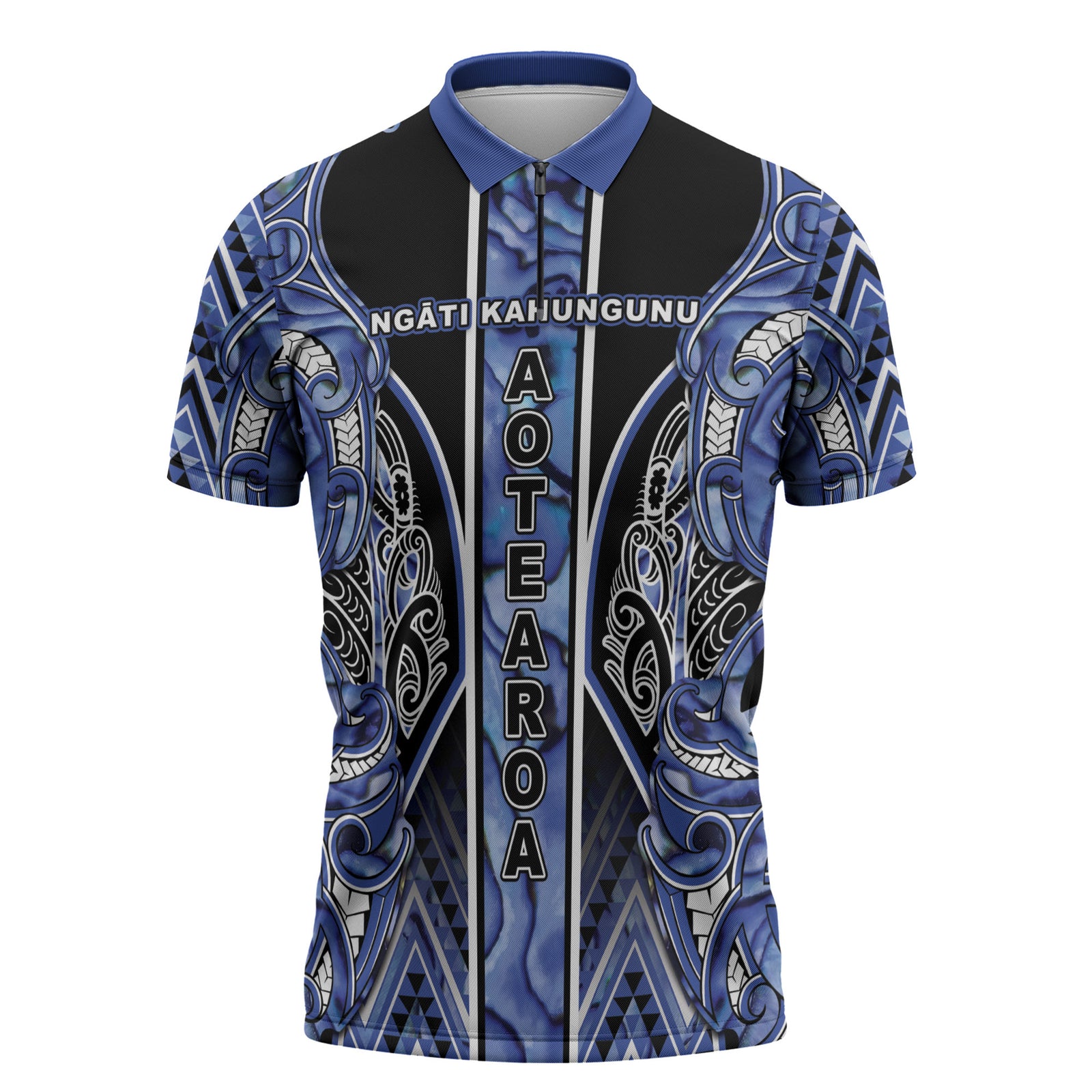 Aotearoa Ngati Kahungunu Zipper Polo Shirt Maori Tribal Blue Paua Shell Pattern DT05 Blue - Polynesian Pride