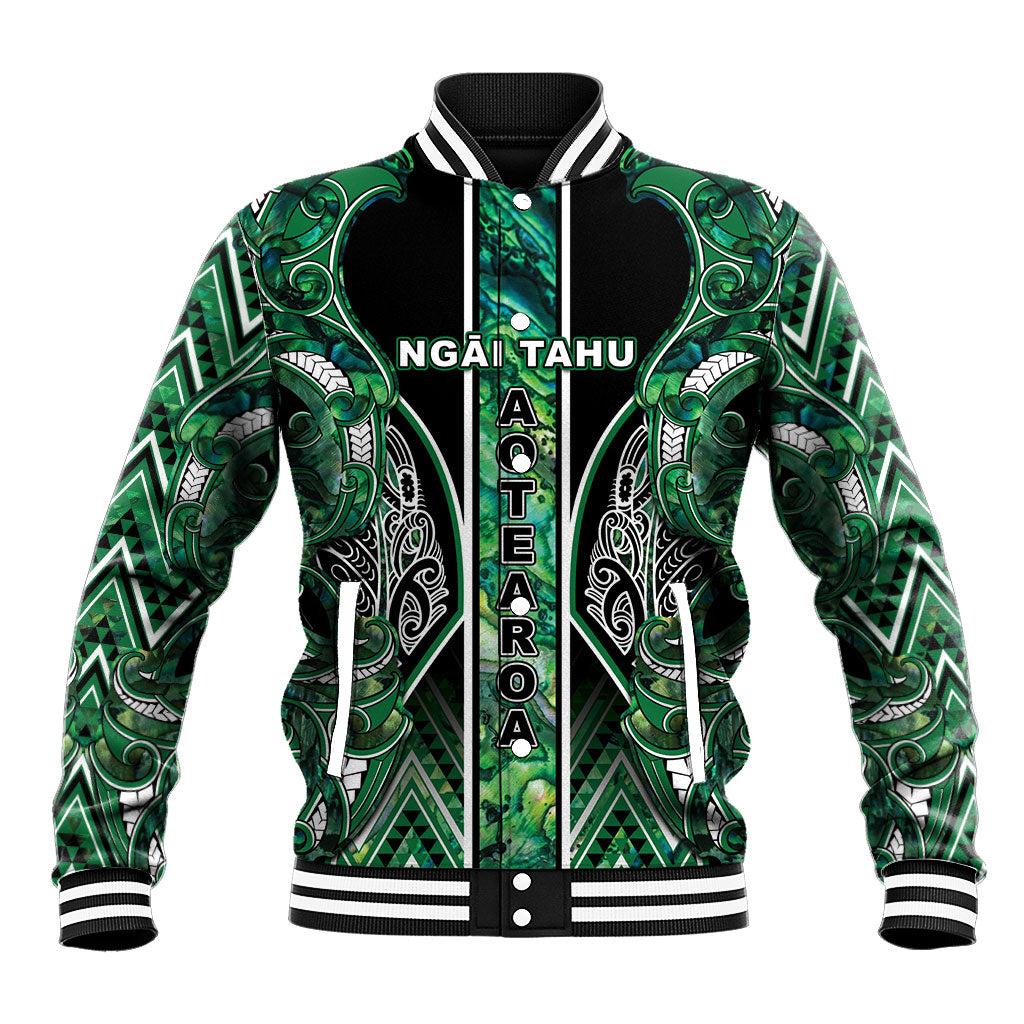 Aotearoa Ngai Tahu Baseball Jacket Maori Tribal Dark Green Paua Shell Pattern