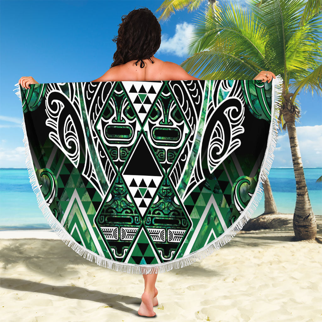 Aotearoa Ngai Tahu Beach Blanket Maori Tribal Dark Green Paua Shell Pattern