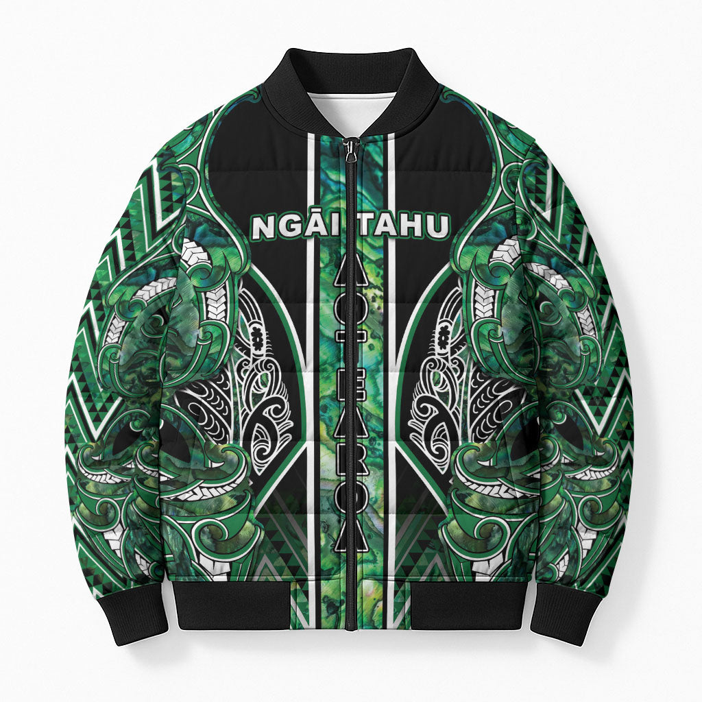 Aotearoa Ngai Tahu Bomber Puffer Jacket Maori Tribal Dark Green Paua Shell Pattern