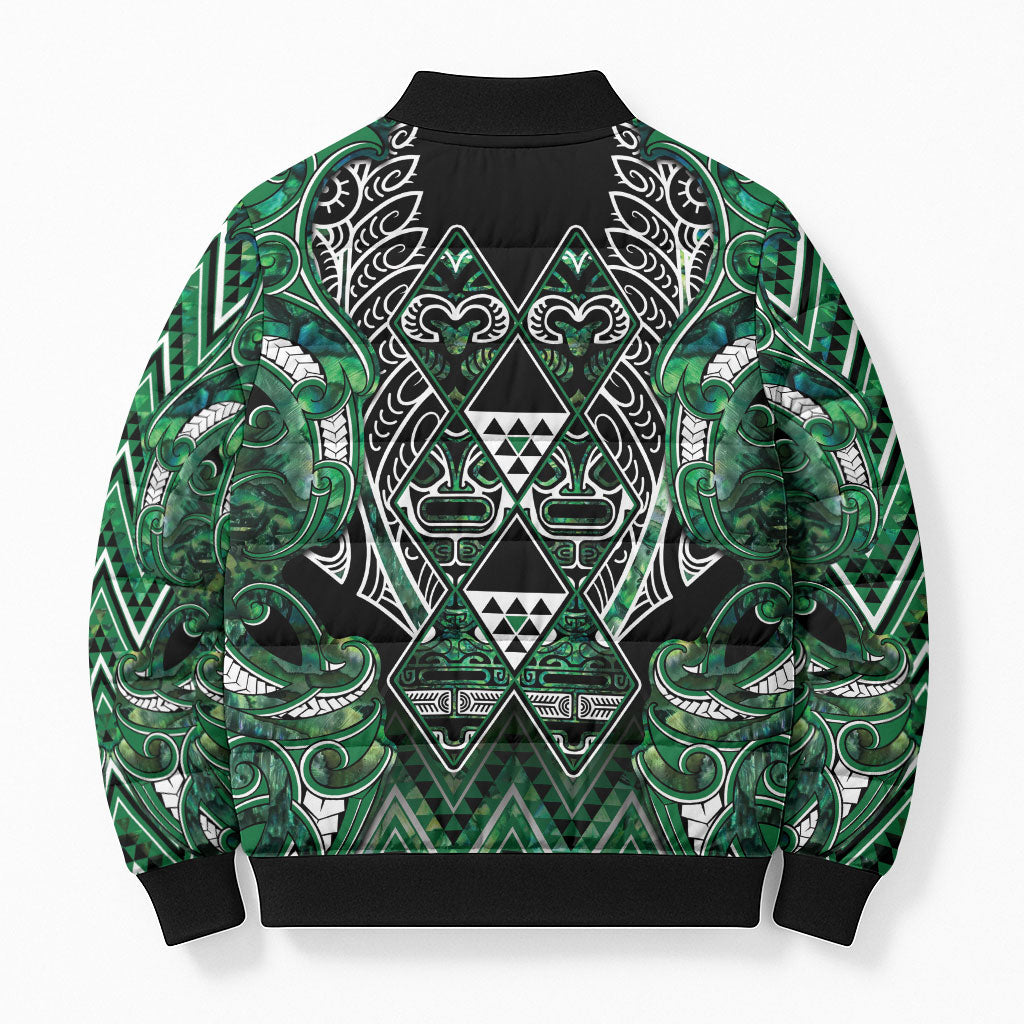 Aotearoa Ngai Tahu Bomber Puffer Jacket Maori Tribal Dark Green Paua Shell Pattern