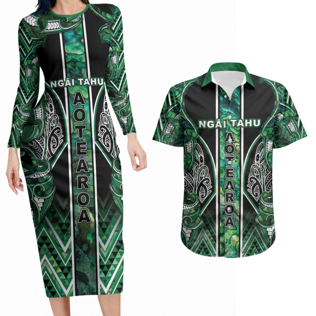 Aotearoa Ngai Tahu Couples Matching Long Sleeve Bodycon Dress and Hawaiian Shirt Maori Tribal Dark Green Paua Shell Pattern
